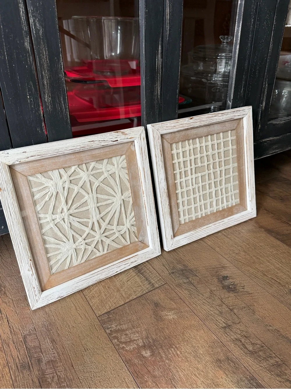 Neutral Woven Wall Art Pair - Beige and White Framed Accents -set of 2